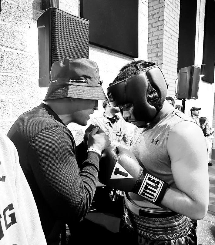 Gloving up before sparring
